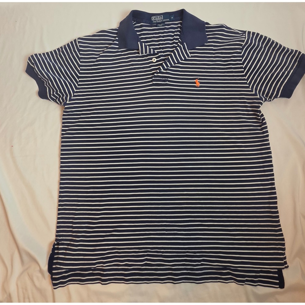 Polo Ralph Lauren Mens M Striped Polo Shirt Navy Blue Pima Cotton Classic Fit